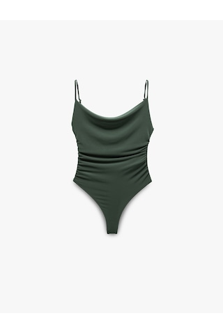 Koton Degaje Yaka Slim Fit Drapeli Askılı Çıtçıtlı Body Haki 5sal30254ık