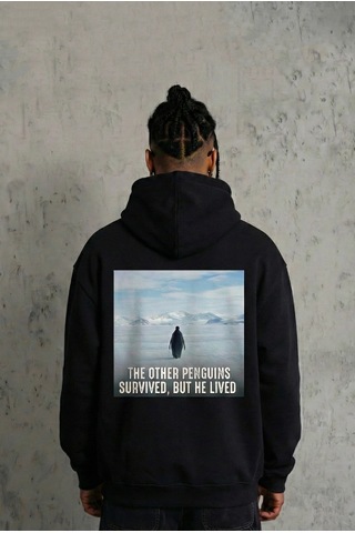 Barlashive Erkek Survivor Penguin Baskılı 3 İplik Pamuklu Kapüşonlu Sweatshirt Hoodie Siyah Çok Renkli