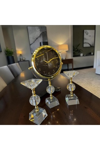 Crystal Gold Dekoratif Masa Saati Seti Lüks Cam & Metal Modern Salon Ve Ofis Aksesuarı Altın