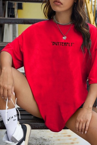 Flood Of Style Unisex Butterfly Baskılı T-shirt Kırmızı
