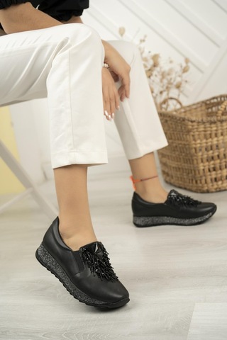 Nesil Shoes Sdf 332 Siyah Cilt Taşlı Kadın Ayakkabı Siyah