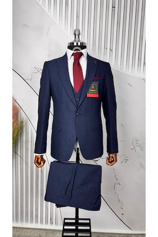 Dupont Classics Dupont Erkek Slim Fit Yelekli Takım Elbise 6 Drop Çift Yırtmaç Koyu Lacivert