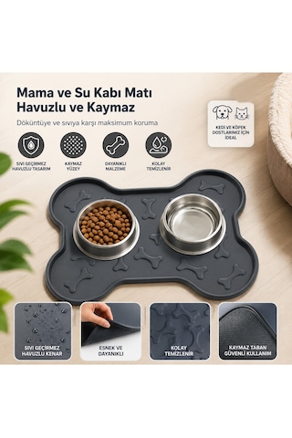 Kedi Köpek Mama Ve Su Kabı Altlığı Kemik Figürlü 45x35 Cm Kaymaz Mama Matı Yıkanabilir Döküntü Önleyici