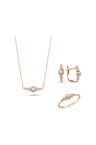 Çıtır Doğal İncili 0,45 Karat Pırlanta Küpe Kolye Yüzük Üçlü Set 10 / Sarı Gümüş