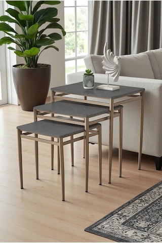 Damrin Serisi Traverten Desen 1. Sınıf Mebran Mdf 3 Lü Zigon Sehpa Takımı Gri Traverten Desen - Bronz Ayak