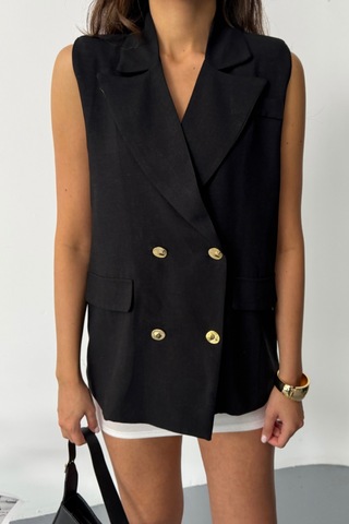 Modasize Gold Düğmeli Keten Yelek - Siyah Siyah