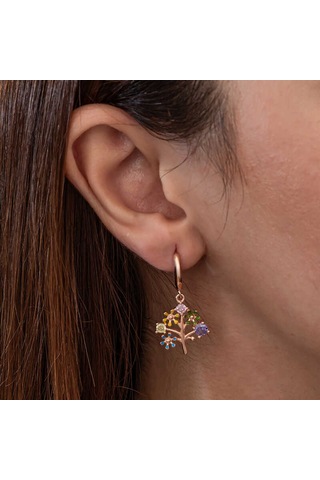 Kenpazar Gümüş Rose Renkli Taşlı Hayat Ağacı Kadın Küpe Gümüş