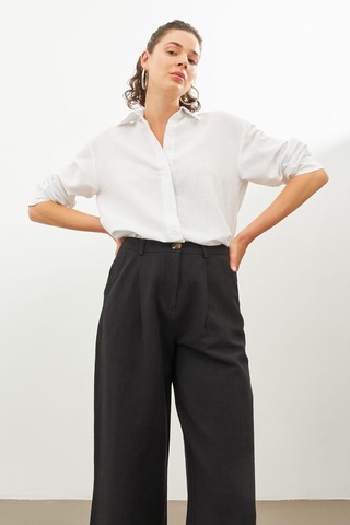 Stella Pulvis Siyah Keten Yüksek Bel Wide Leg Pantolon Siyah