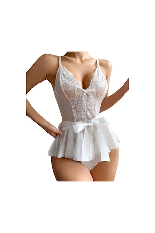 Avastyle Herşeytrend Beyaz Dantel İşlemeli Kurdelalı Fantezi Tül Babydoll Beyaz