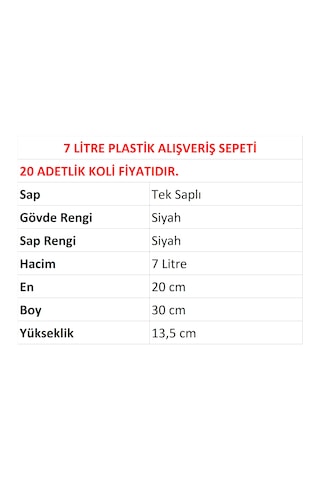 7 Litre Plastik Kozmetik Alışveriş El Sepeti Siyah 20 Adet / En:20 Boy:30 Yükseklik:13,5 Cm Siyah