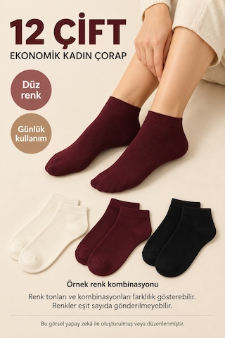 Efemicgiyimstore 12 Çift Ekonomik Kadın Çorap Düz Model, Karışık Renk Çoklu Paket Çok Renkli
