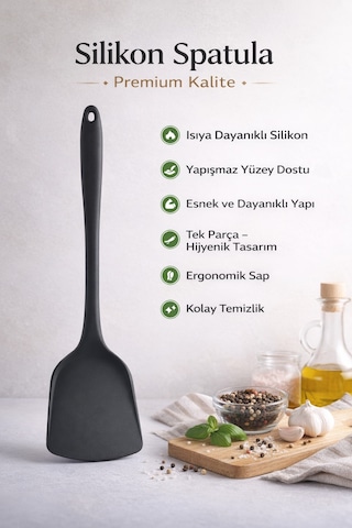 1 Adet Sert Silikon Isıya Dayanıklı Yanmaz Yapışmaz Spatula Siyah
