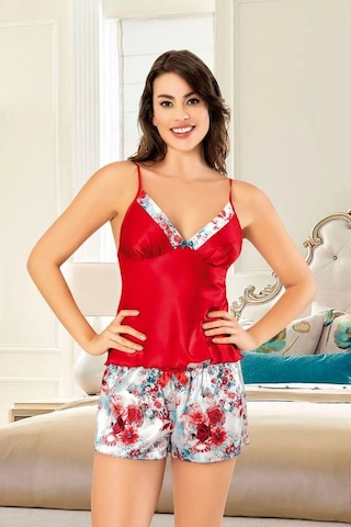 Faal 3121 Kadın Saten İp Askılı Şortlu Pijama Takım-kırmızı Kırmızı