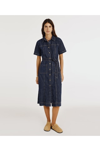 Yargıcı Kemerli Kısa Kollu Midi Boy Denim Elbise 25ykel7006x 515 Mavi