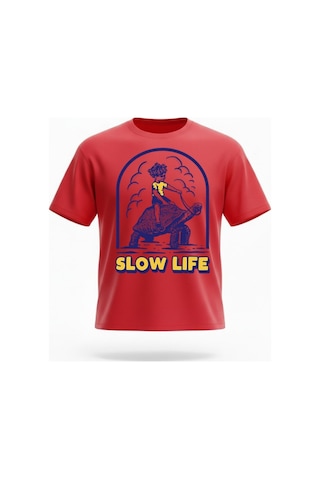 Urbantrendstore Unisex Slow Life Kaplumbağa Oversize Fit Rahat Geniş Salaş T-shirt Günlük Tişört Kırmızı