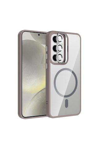 Galaxy Uyumlu S24 Kılıf Standlı + Kamera Lens Koruma Setli M-safe Şarj Özellikli Mkst Etro Pembe Pembe