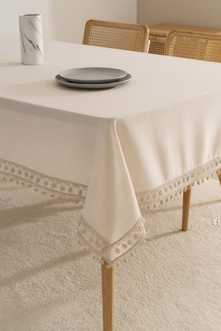 Elegant Bej Çift Sıra Güpür Masa Örtüsü 160x220 Cm Bej