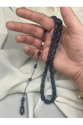 Mehmet Arıcı İmzalı El Boy Kapsül Açık Mavi Ateş Kehribar Tesbih 7x11 Mm