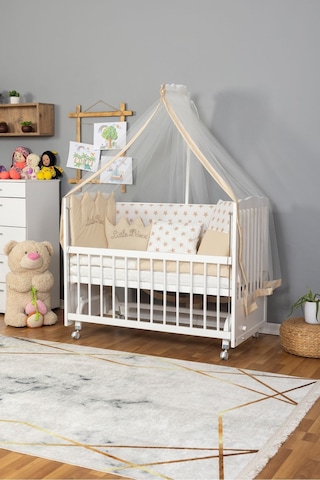 Ahşap Beşik Anne Yanı Beşik Beyaz 60x120 Krem Prens Erkek Uyku Seti Yatak Tekerlekli Beyaz