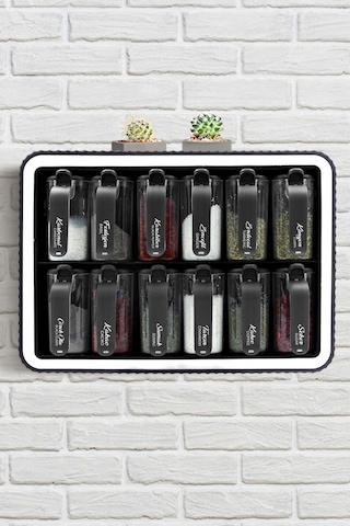 Kitchen Life 12 li Standlı Kendinden Yapışkanlı Kapaklı Kaşıklı Baharatlık Takımı - Kulplu Baharatlık Standı Siyah
