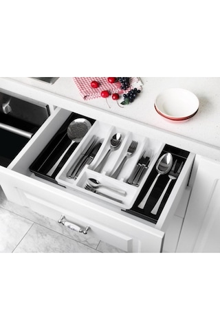 Bayev Çift Tarafa Açılabilen 5+2 Bölmeli Raylı Çatal-bıçak Organizeri - Beyaz