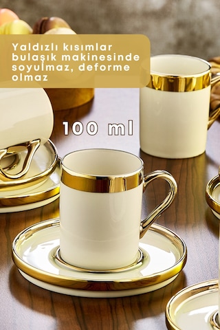 Grimorlife Altın Yaldızlı Gold 6 Kişilik Porselen Fincan Seti 12 Parça Türk Kahvesi Takımı Kahve Fincanı 100 Ml Gold