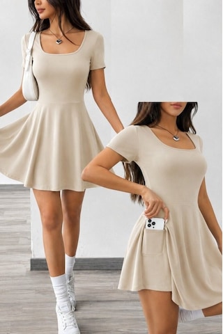 Veraura Lifestyle Kadın Kısa Kollu Kare Yakalı Cep Detaylı Dalgıç Elbise Tulum Bej