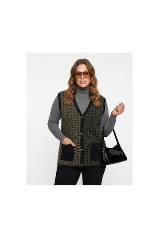 Onno Style Women Çelik Örgü Klasik Leopar Desen Triko Yelek Siyah