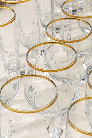 Mest Gold Yaldızlı 18 Parça Cam Su Bardağı Seti Bardak Takımı 215, 310, 385 Cc Gold