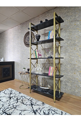 Çıkıntılı Gold Boyalı Kitaplık - 5 Raflı Suntalem Lüks Kitaplık S Çok Renkli