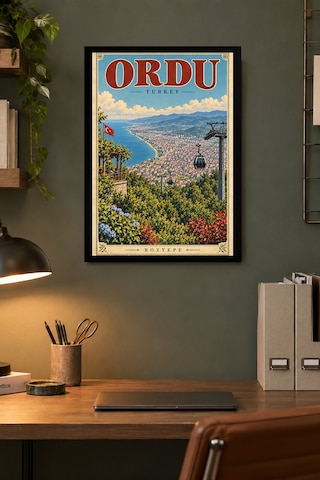 Kıyı Körfezi Ve Teleferik İllüstrasyonu Desenli Dekoratif Mdf Tablo, Çerçeve Görünümlü Ahşap Poster