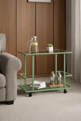 Fuji Yan Sehpa - Tekerlekli Mint Yeşili Füme Camlı Servis Sehpası Mint Yeşil