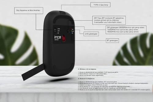 Inca Iwm-242st Çift Mod Sessiz Kablosuz Mouse, Bluetooth 5.4 + 2.4g, 800-1600 Dpı, 500mah Şarj Edilebilir, 70g, Siyah