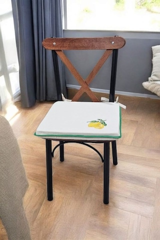 El Yapımı Buldan Yıkanmıs Keten Limon Nakıslı Biyeli Sandalye Minderi Naturel