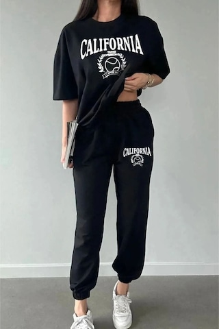 California T-shirt Jogger Siyah Baskılı Alt Üst Eşofman Takım Oversize Bisiklet Yaka Siyah