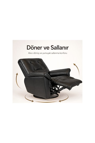 Smarto Relax Basel Elektrikli Masajlı Döner Sallanan Tv Koltuğu Kontrol Panelli Ergonomik Gerçek Deri Baba Koltuğu Siyah
