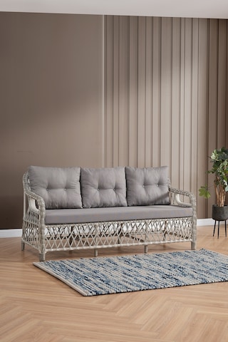 Edra Rattan Puflu Bahçe Balkon Takımı 3+1+1+camı Masa Kemik Rengi Kemik