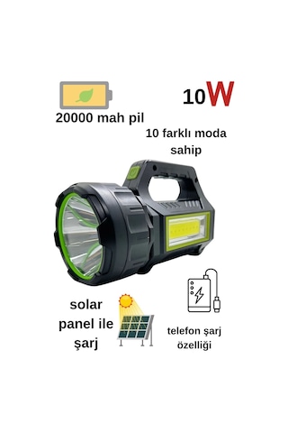 Ps-t95 10w Uzun Menzilli Solar Panelli Powerbank Usb Çıkış S.o.s Lu Ultra Güçlü Ledli Şarjlı Fener
