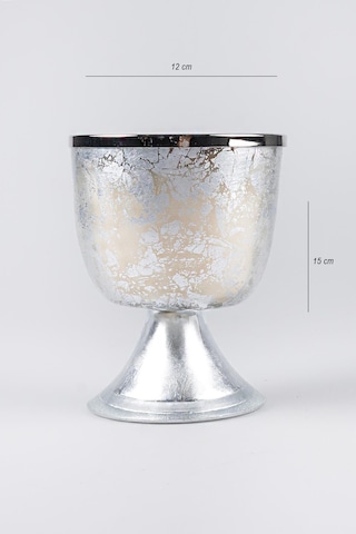 Gümüş Varak Eskitme Ayaklı Cam Mumluk Kokusuz Mum Logo Kapaklı Orta 12x15 Cm