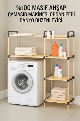 Nc02 Ahşap Çamaşır Makinesi Organizer Banyo Düzenleyici Raf Masif Çam Ahşap Açık Ahşap