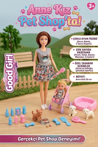 Good Girl Anne Kız Pet Shop Oyun Seti - 29 Cm Oyuncak Bebek, Yavru Köpekler Ve Pusetli Evcilik Seti Kahve