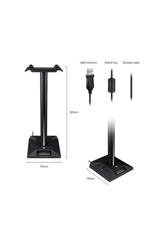 Fastbuy Rgb Işık Kulaklık Tutucu, Usb Genişletme, 3.5mm Jack, Siyah Abs-alüminyum, Ayrılabilir Tasarım