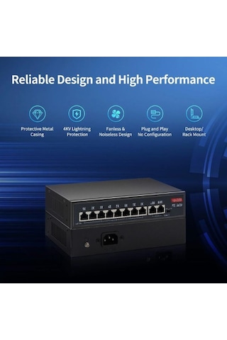 8 Port Poe Switch 120w Güç, Vlan & Qos Destekli, Ip Kamera Ve Ağ Cihazları İçin Ethernet Switch