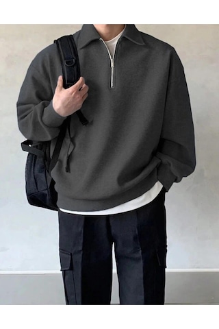 Genius Store Erkek Polo Yaka Oversize Yarım Fermuar Sweatshirt Füme