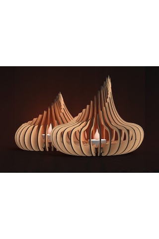 Koza 2'li Tealight Mumluk Ahşap Mumluk + Led Pilli Mum Ham Mdf