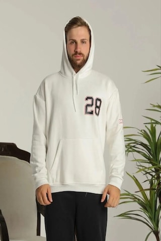 Erkek Oversize Üç İplik Kapüşonlu Sweatshirt Sırt Ve Ön Baskılı, Kanguru Cepli, Rahat Kalıp Maskot Beyaz