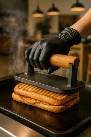 Oluk Desenli Döküm Demir Et Mühürleme & Burger Pres, Piknik Tost Uyumlu, Ahşap Sap - Model