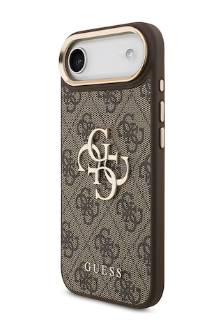 Apple Uyumlu iPhone 17 Air Kılıf Guess Lisanslı Gold Metal Kamera Çerçeve Büyük 4g Yazı Logolu Kapak Kahverengi Kahverengi