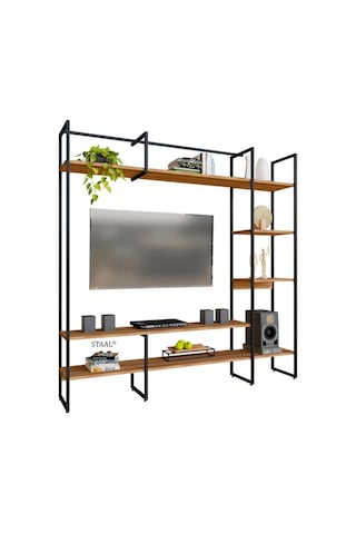 Metal Tv Ünitesi, Tv Sehpası, Duvar Ünitesi Atlantik Çam Metal Ayaklı Siyah 200x34x185 Siyah