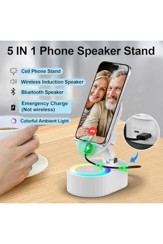 Moveevo Beyaz 300 Katlanabilir Bluetooth Hoparlör - Kablosuz Ses, Telefon Tutucu, 3000mah Acil Şarj, Renkli Ambiyans Işığı